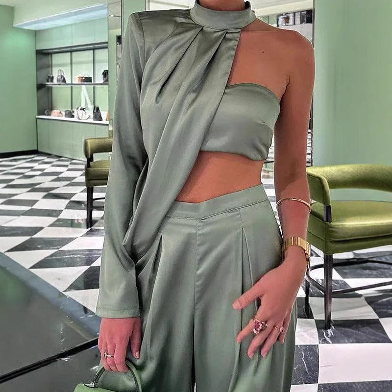 Damer Elegant Tvådelat Set med asymmetrisk Topp och Vida Byxor Mirla-Eva Jonsson