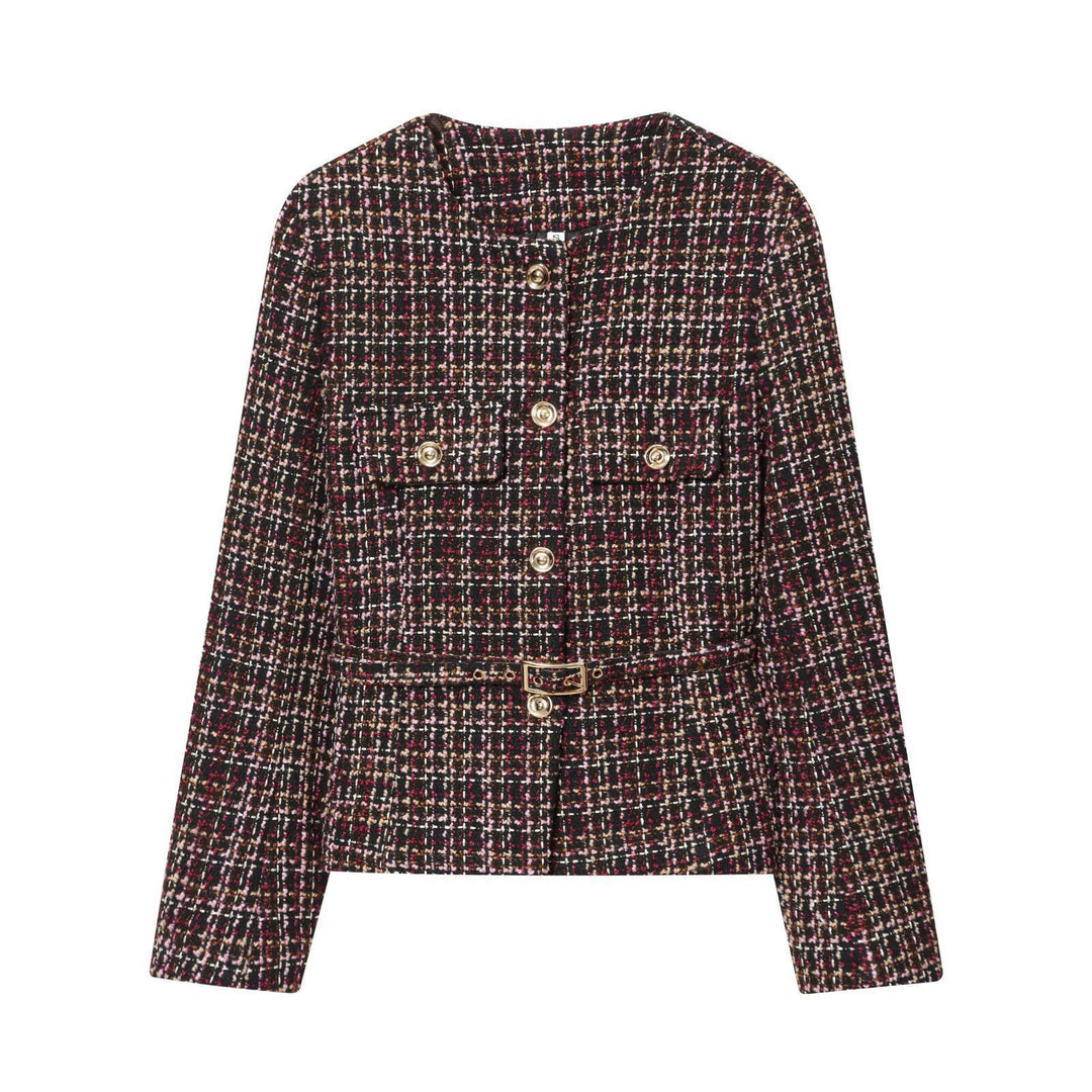 Damer Elegant Tweed Jacka med Dekorativa Knappar och Avtagbart Midjebälte Mirla-Eva Jonsson