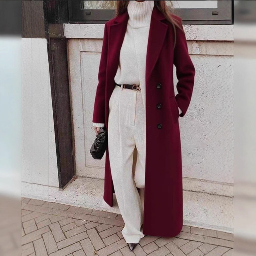 Damer Elegant Ullkappa med Dubbelknappsläpp och Djupa Fickor-Eva Jonsson
