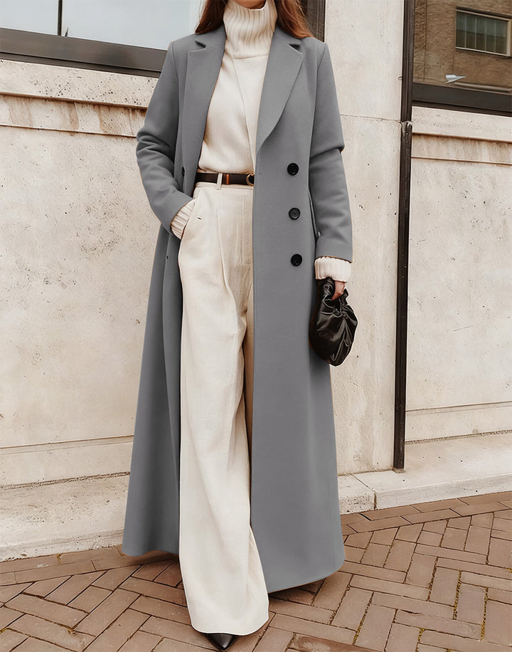 Damer Elegant Ullkappa med Dubbelknappsläpp och Djupa Fickor-Eva Jonsson