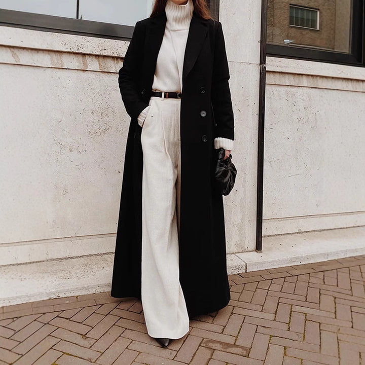 Damer Elegant Ullkappa med Dubbelknappsläpp och Djupa Fickor-Eva Jonsson