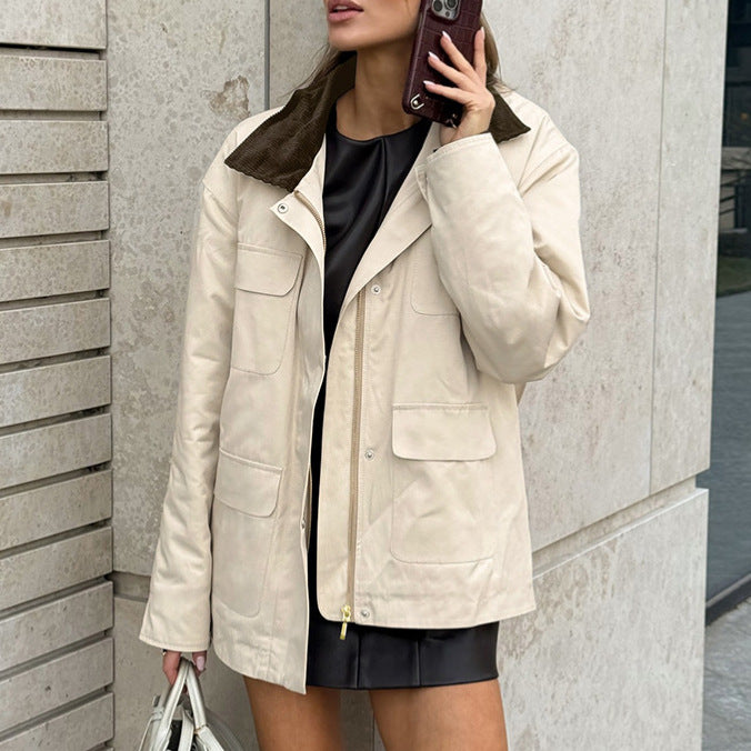 Damer Elegant Utility-jacka med sammetskrage och praktiska fickor Eva Jonsson-Eva Jonsson
