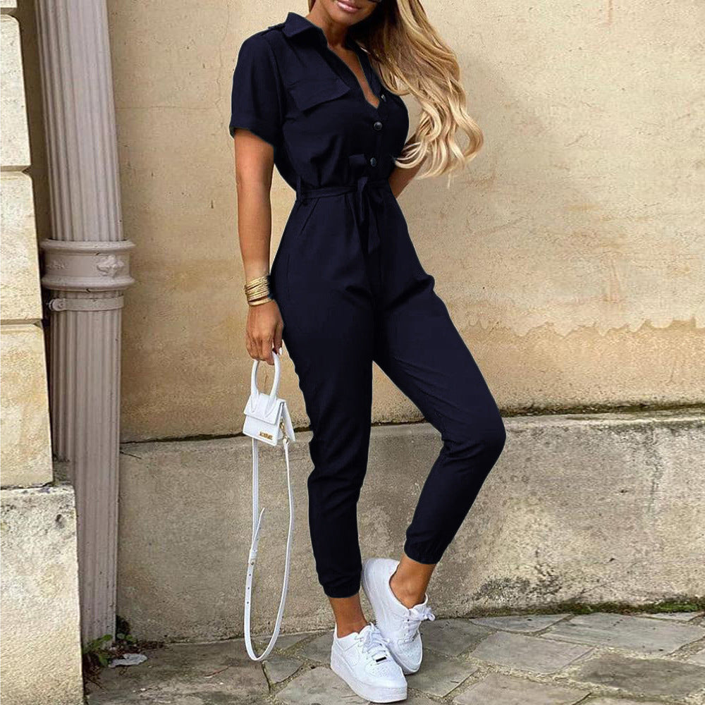 Damer Elegant Utility-jumpsuit med knapplist och midjeslipsbar bälte Mirla-Eva Jonsson