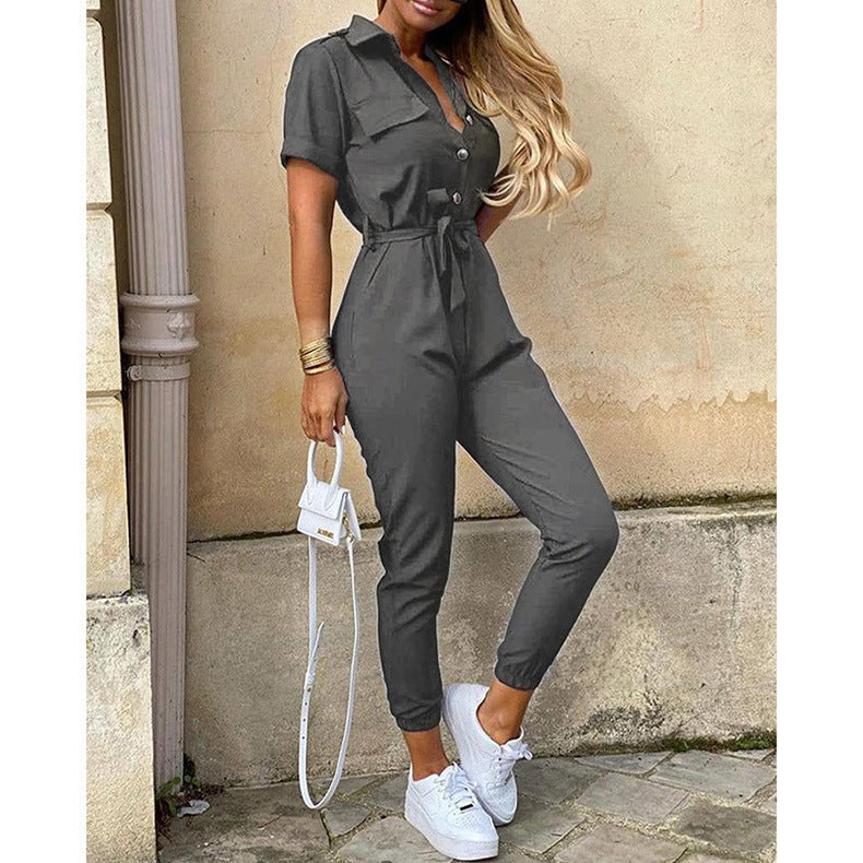 Damer Elegant Utility-jumpsuit med knapplist och midjeslipsbar bälte Mirla-Eva Jonsson