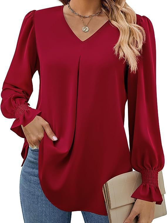 Damer Elegant V-hals Blus med Puffärmar Mirla-Eva Jonsson