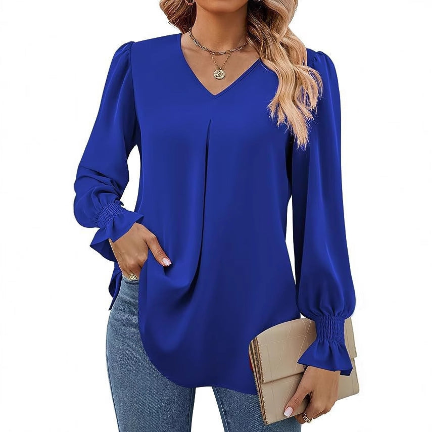 Damer Elegant V-hals Blus med Puffärmar Mirla-Eva Jonsson