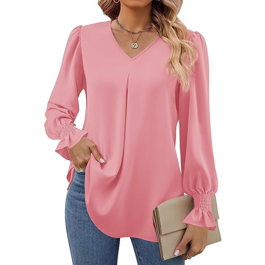 Damer Elegant V-hals Blus med Puffärmar Mirla-Eva Jonsson