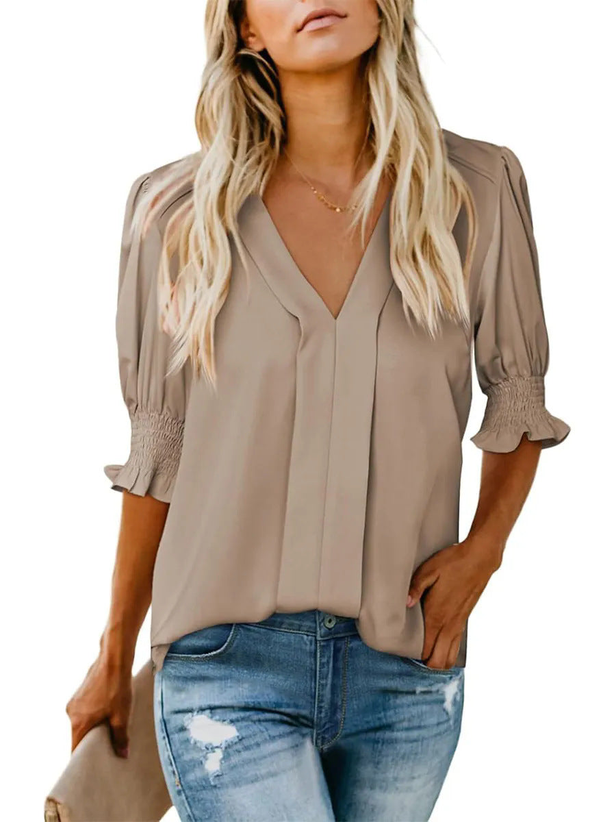 Damer Elegant V-ringad Blus med Volangärmar Mirla-Eva Jonsson