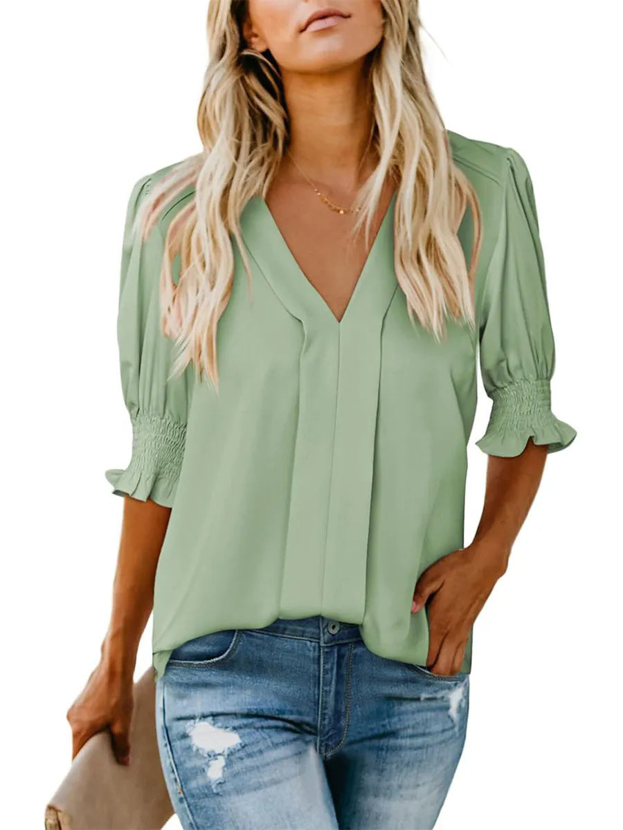 Damer Elegant V-ringad Blus med Volangärmar Mirla-Eva Jonsson