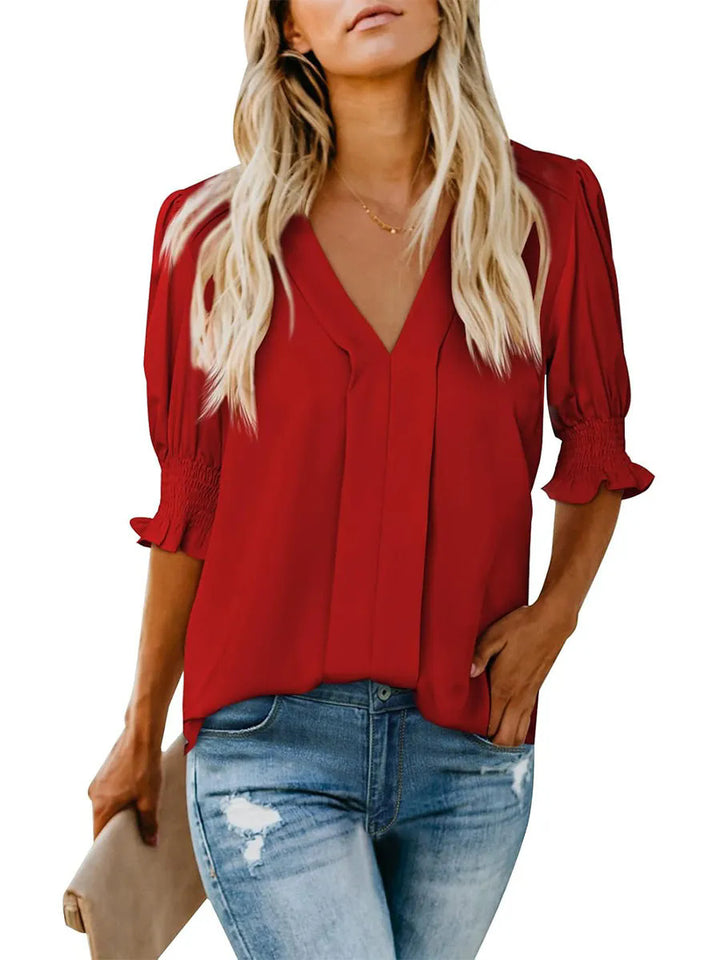Damer Elegant V-ringad Blus med Volangärmar Mirla-Eva Jonsson