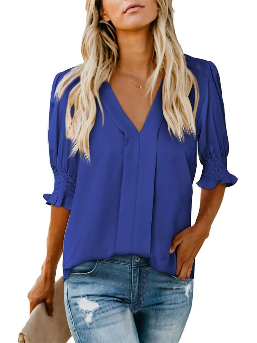 Damer Elegant V-ringad Blus med Volangärmar Mirla-Eva Jonsson