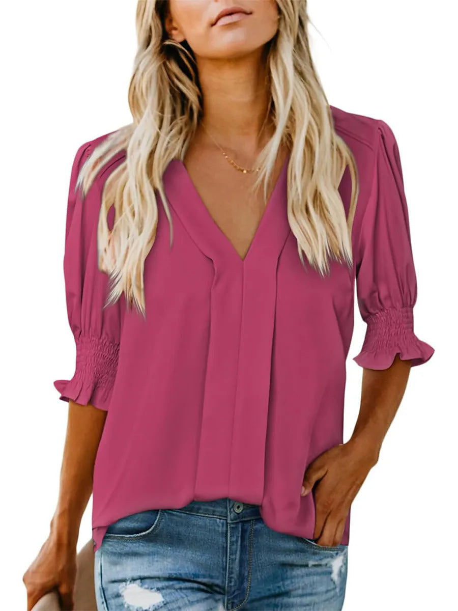 Damer Elegant V-ringad Blus med Volangärmar Mirla-Eva Jonsson