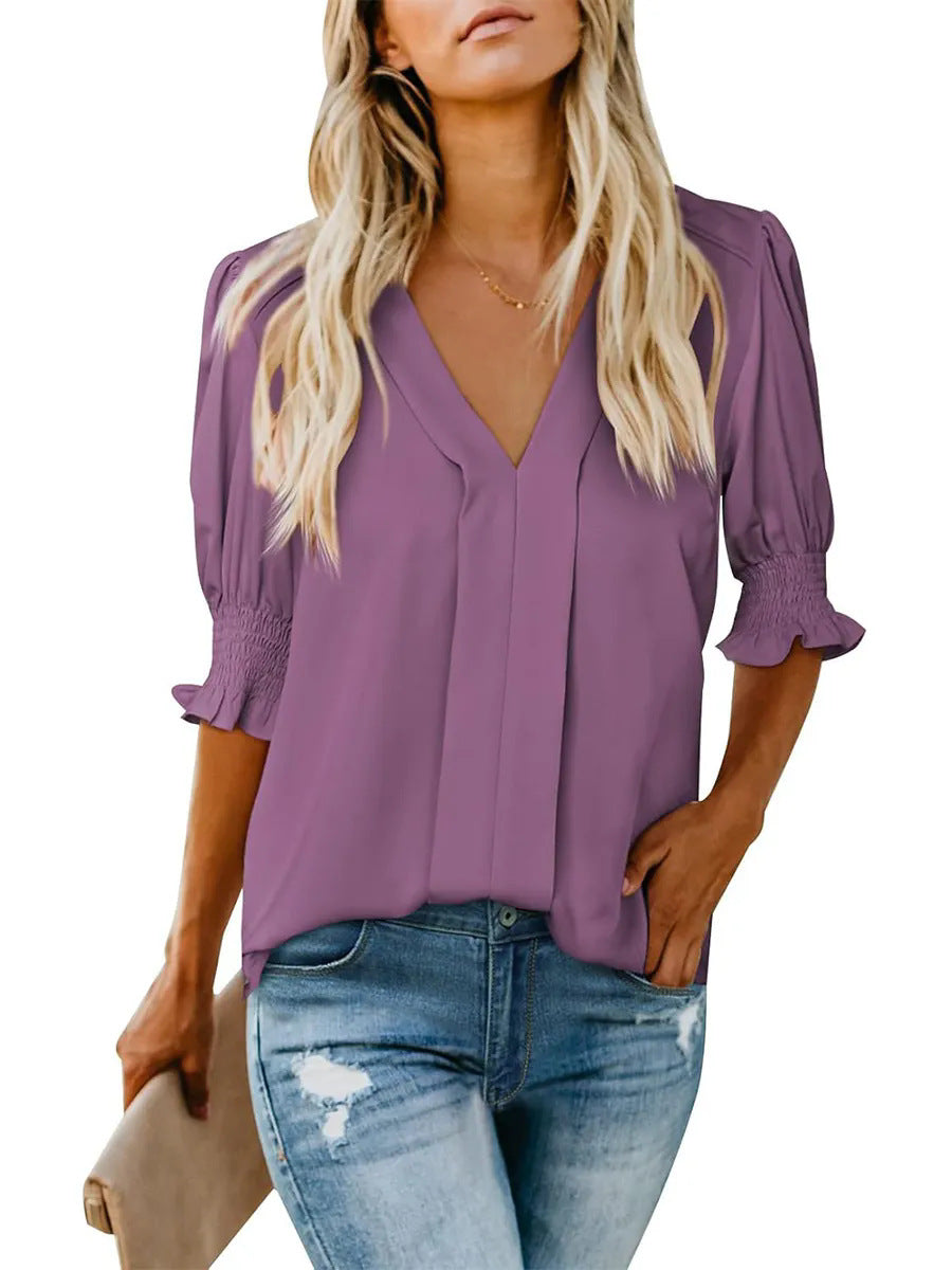 Damer Elegant V-ringad Blus med Volangärmar Mirla-Eva Jonsson
