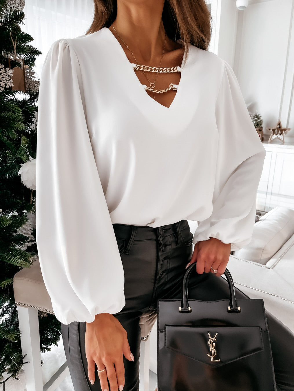 Damer Elegant V-ringning Topp med Puffärmar och Kedjeaccent Mirla-Eva Jonsson