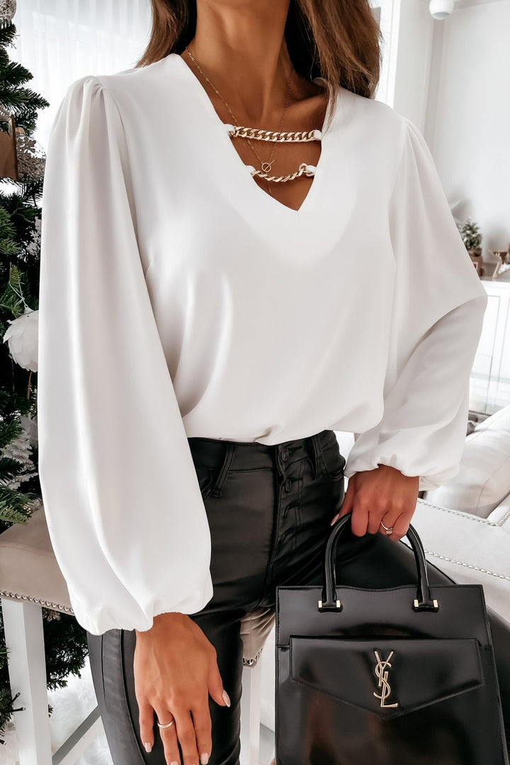 Damer Elegant V-ringning Topp med Puffärmar och Kedjeaccent Mirla-Eva Jonsson