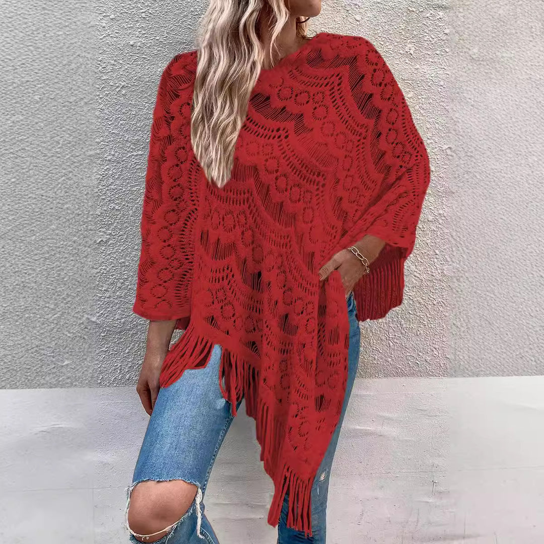 Damer Elegant Virkade Poncho med Fransade Avslut Mirla-Eva Jonsson