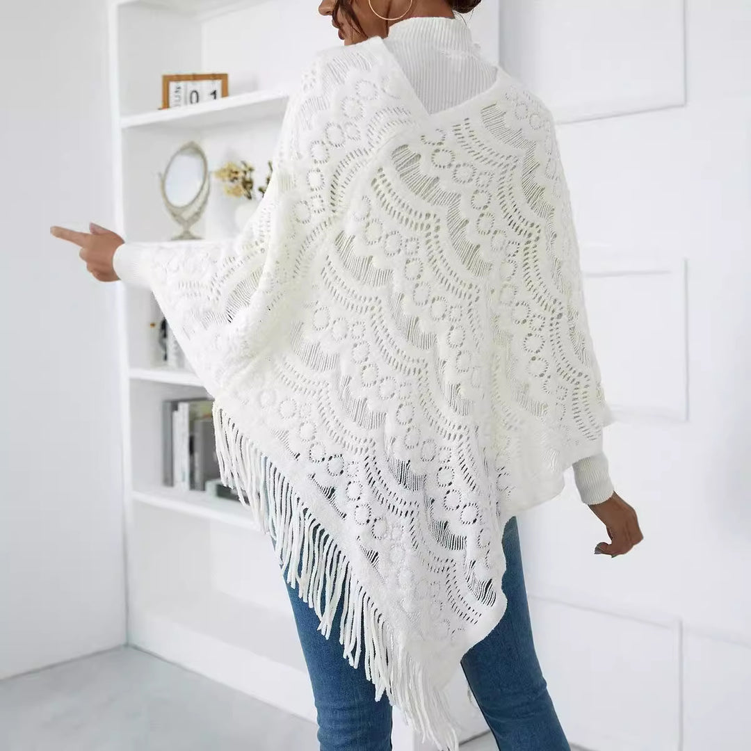 Damer Elegant Virkade Poncho med Fransade Avslut Mirla-Eva Jonsson