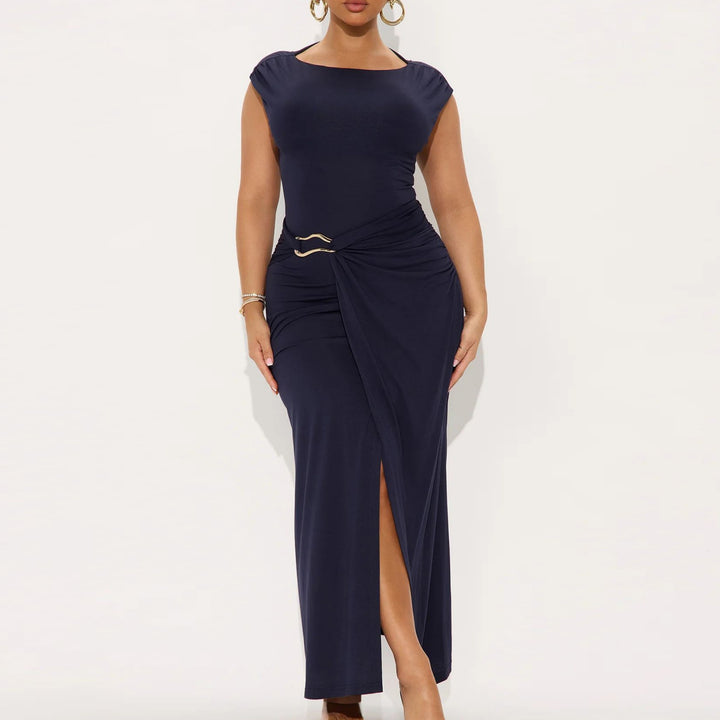 Damer Elegant Wrap Klänning med Sidoslits och Bälte Mirla-Eva Jonsson