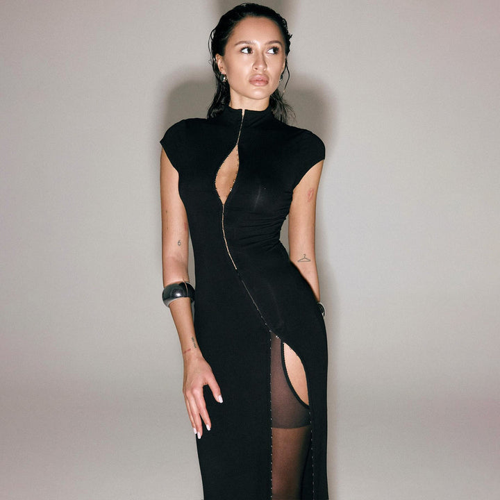 Damer Elegant Wrap Klänning med hög avslutning Krage och smal Silhouette Mirla-Eva Jonsson