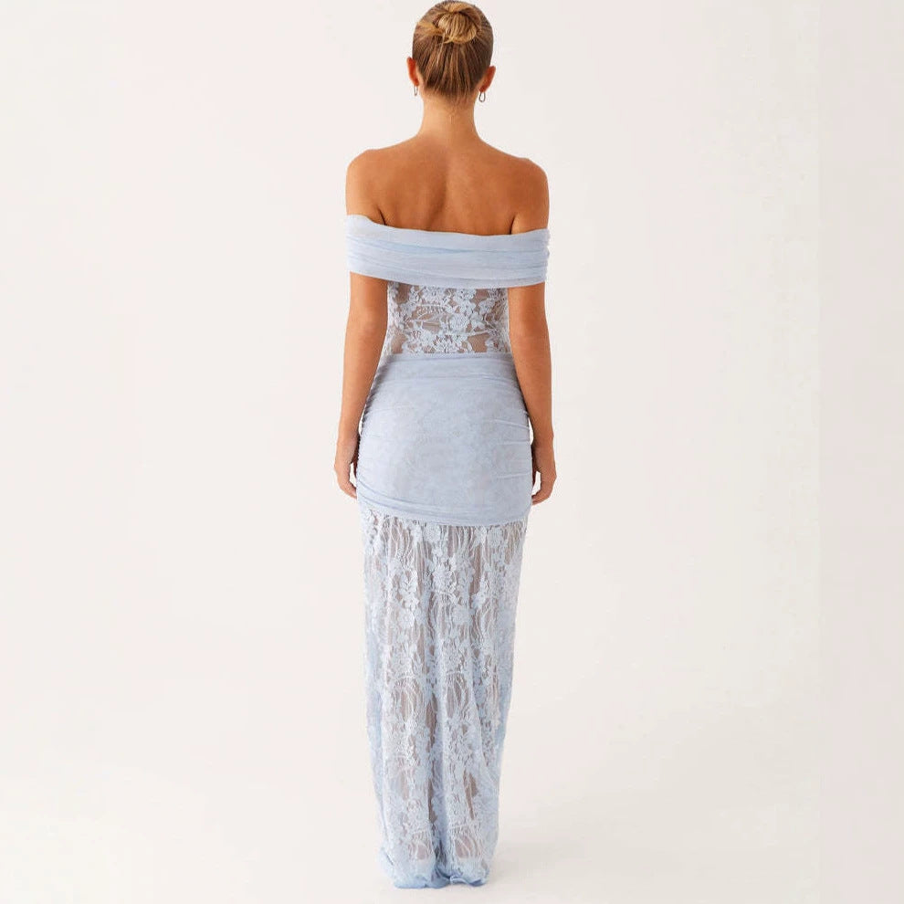 Damer Elegant draperat spetsklänning med off-shoulder design Mirla-Eva Jonsson