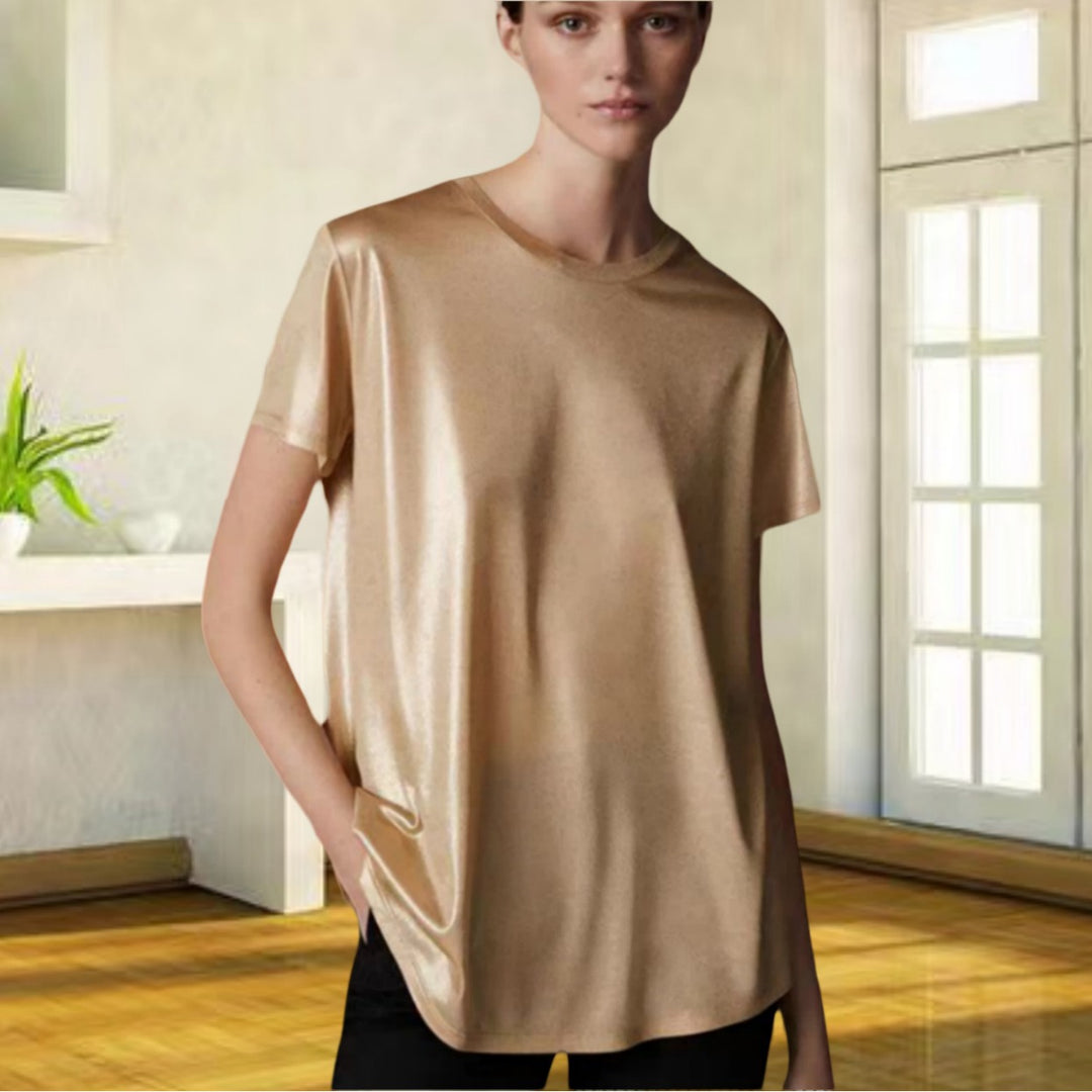 Damer Elegant glänsande T-shirt med rundhals och lös passform Eva Jonsson-Eva Jonsson