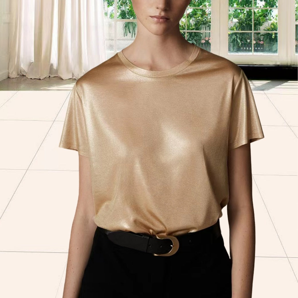 Damer Elegant glänsande T-shirt med rundhals och lös passform Eva Jonsson-Eva Jonsson