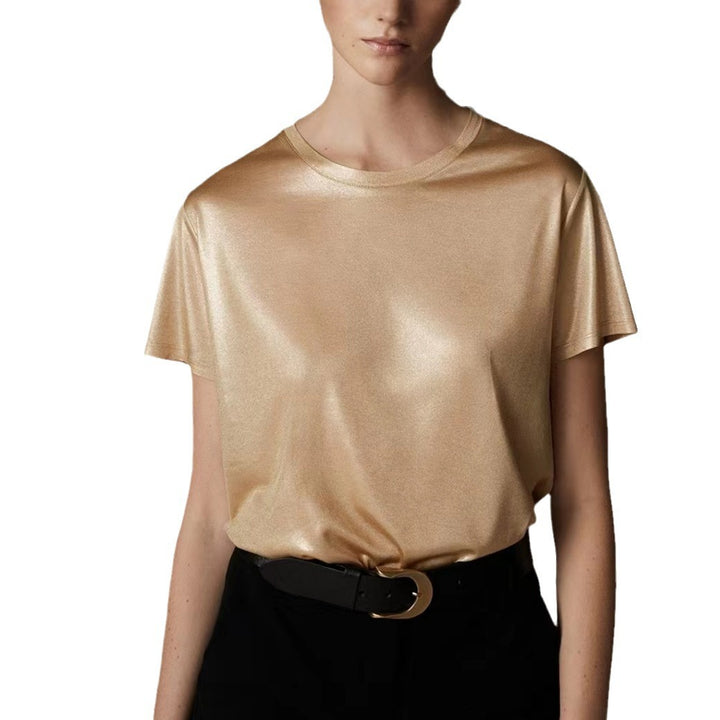 Damer Elegant glänsande T-shirt med rundhals och lös passform Eva Jonsson-Eva Jonsson