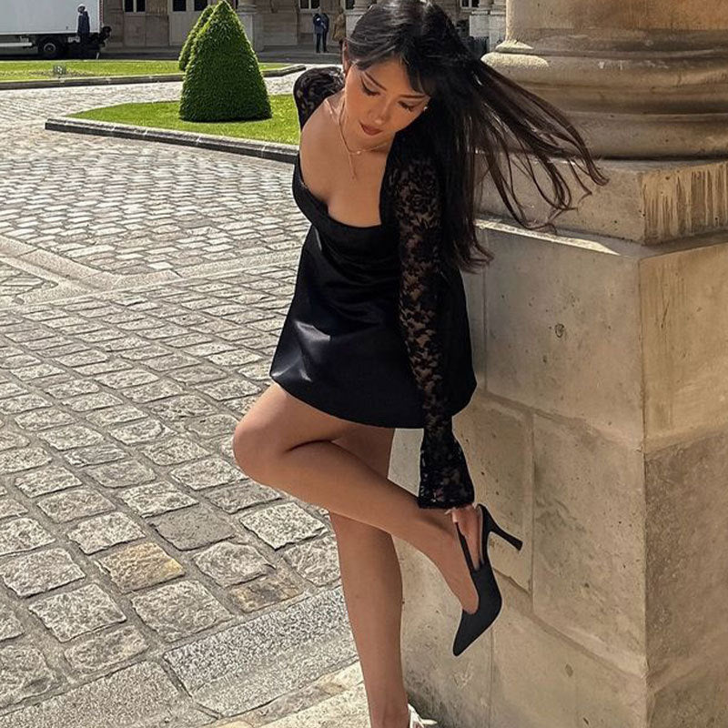 Damer Elegant klänning med spetsärm och flödande kjol Mirla-Eva Jonsson