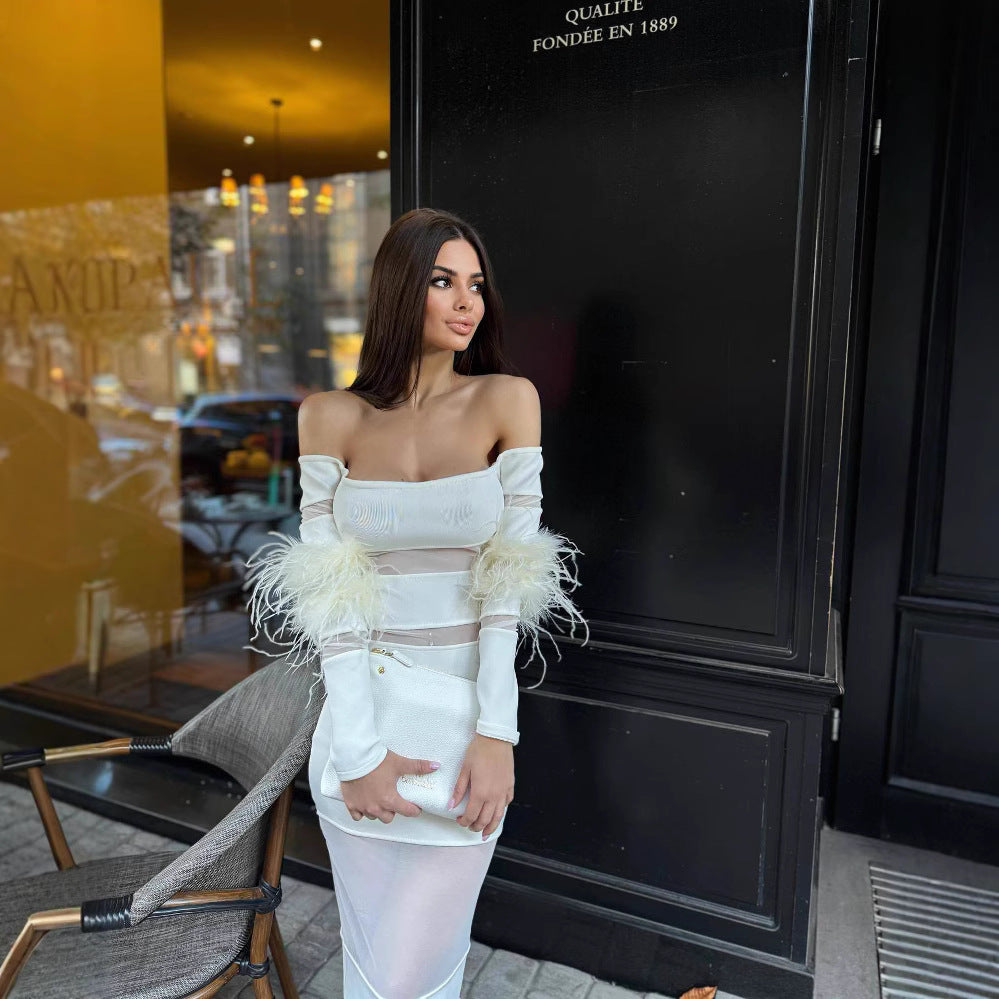 Damer Elegant klänning med transparenta insättningar och fjäderprydda ärmar Mirla-Eva Jonsson