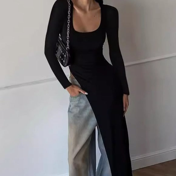 Damer Elegant långärmad klänning med asymmetrisk fåll Mirla-Eva Jonsson