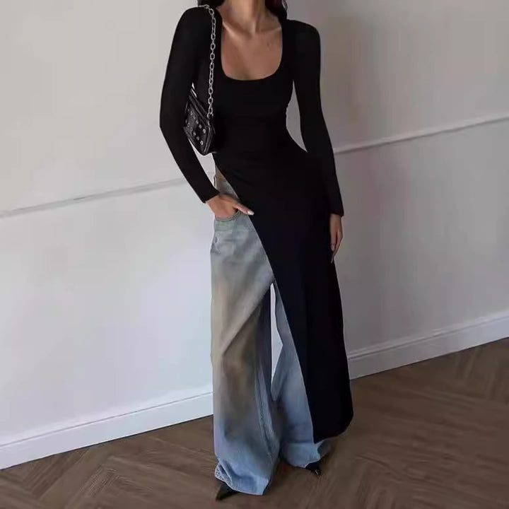 Damer Elegant långärmad klänning med asymmetrisk fåll Mirla-Eva Jonsson