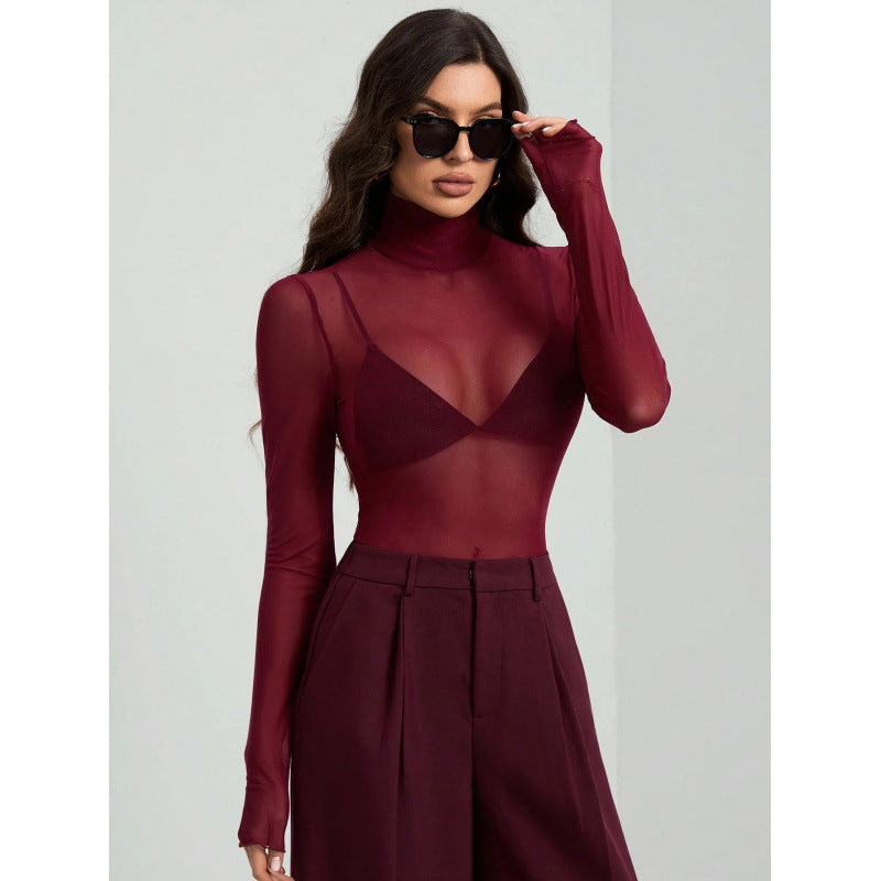 Damer Elegant långärmad transparent topp med hög krage Mirla-Eva Jonsson