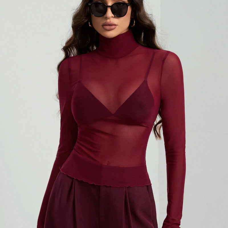 Damer Elegant långärmad transparent topp med hög krage Mirla-Eva Jonsson