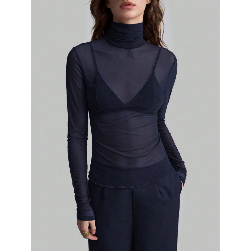 Damer Elegant långärmad transparent topp med hög krage Mirla-Eva Jonsson