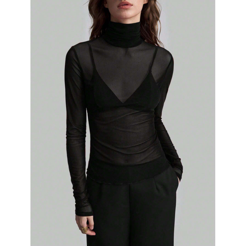 Damer Elegant långärmad transparent topp med hög krage Mirla-Eva Jonsson