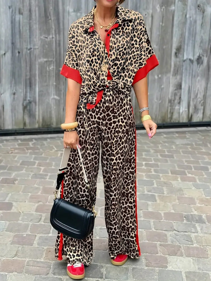 Damer Elegant och Bekväm Linne-Jumpsuit med Leopardsmönster och Kontraststreck Mirla-Eva Jonsson