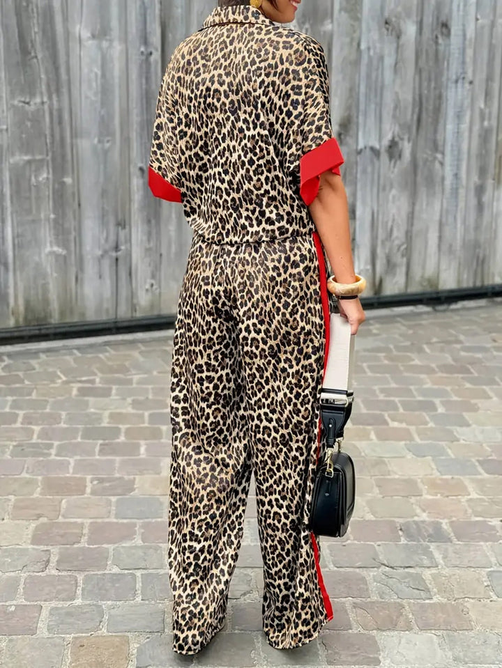 Damer Elegant och Bekväm Linne-Jumpsuit med Leopardsmönster och Kontraststreck Mirla-Eva Jonsson