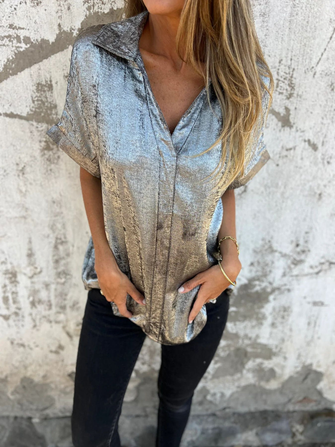 Damer Elegant och avslappnad satinblus med korta ärmar Eva Jonsson-Eva Jonsson