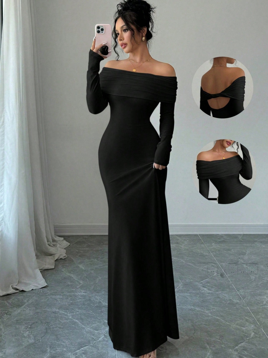 Damer Elegant och figurnära Off-Shoulder Maxiklänning med långa ärmar Eva Jonsson-Eva Jonsson