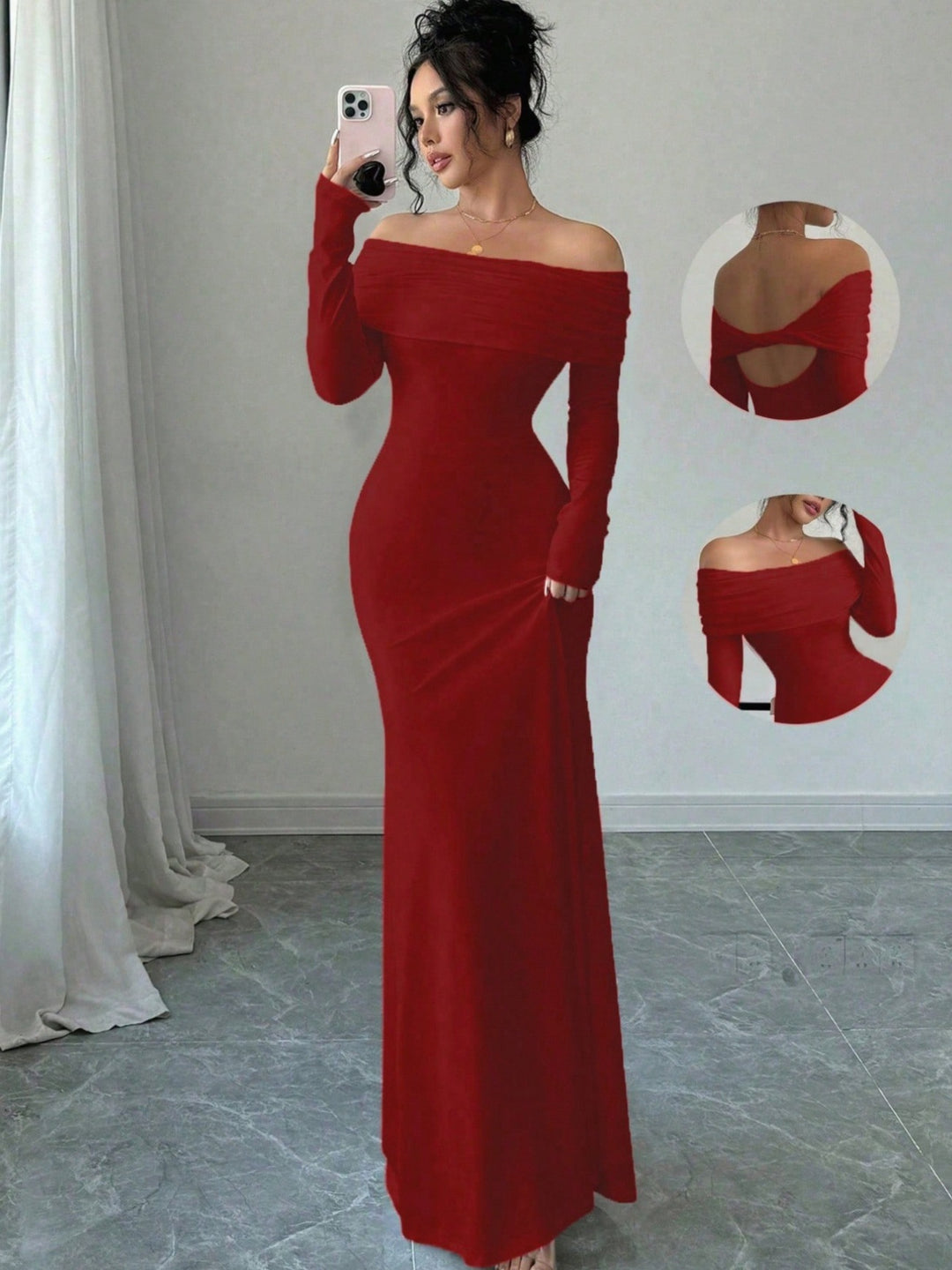 Damer Elegant och figurnära Off-Shoulder Maxiklänning med långa ärmar Eva Jonsson-Eva Jonsson
