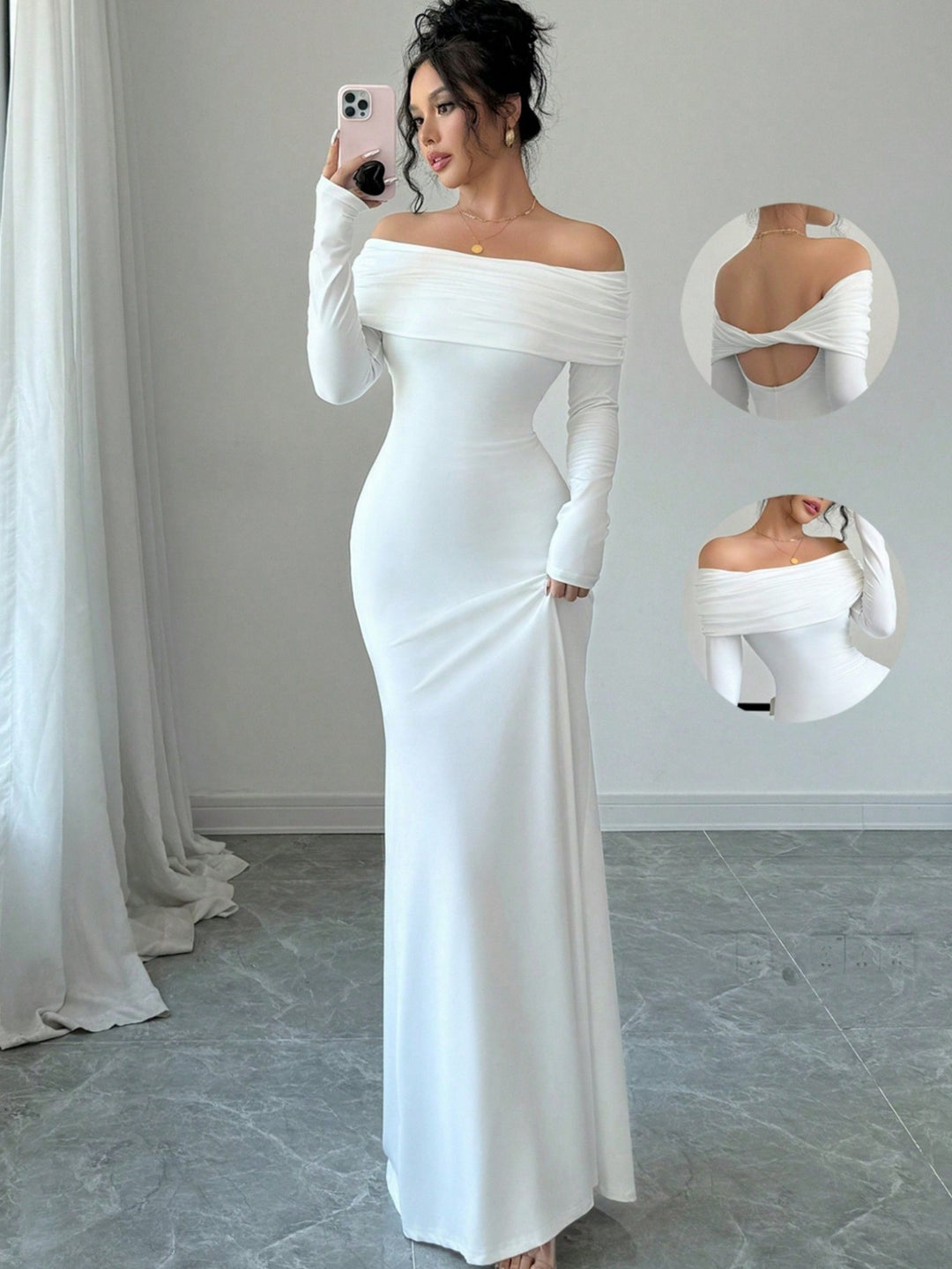 Damer Elegant och figurnära Off-Shoulder Maxiklänning med långa ärmar Eva Jonsson-Eva Jonsson