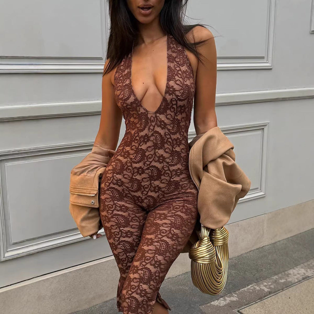 Damer Elegant spets jumpsuit med djup V-ringning och sidofickor Mirla-Eva Jonsson