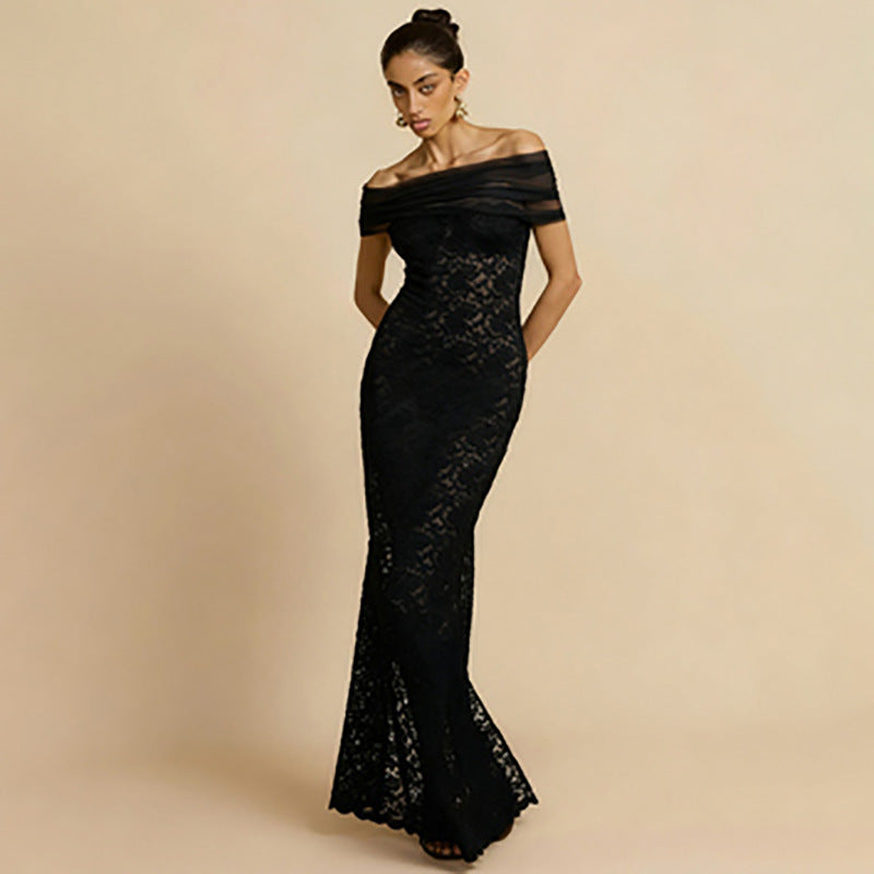 Damer Elegant spets kvällsklänning med off-shoulder design och raffinerad slits Mirla-Eva Jonsson