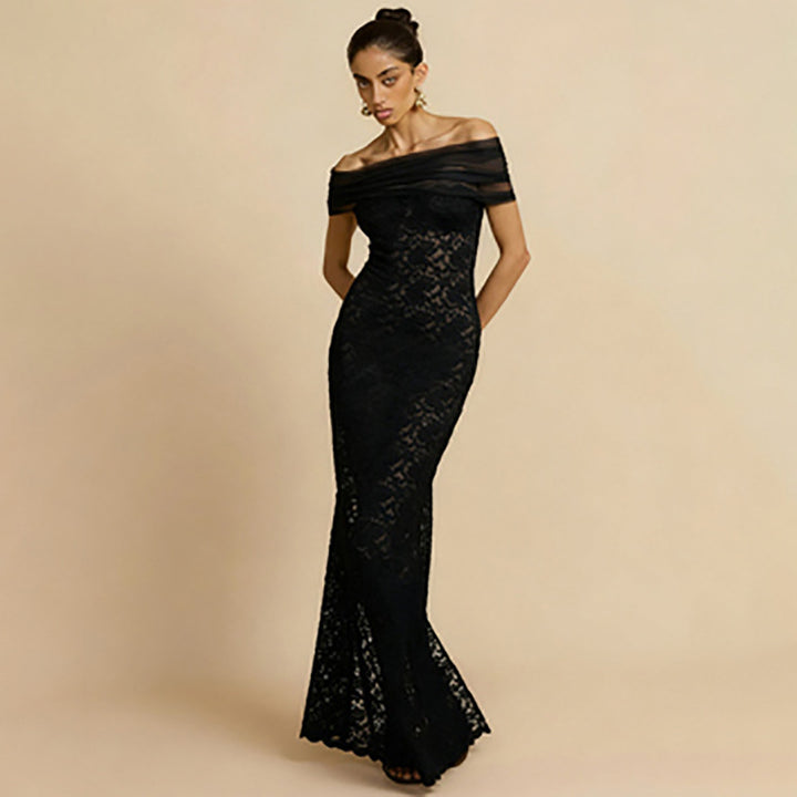 Damer Elegant spets kvällsklänning med off-shoulder design och raffinerad slits Mirla-Eva Jonsson