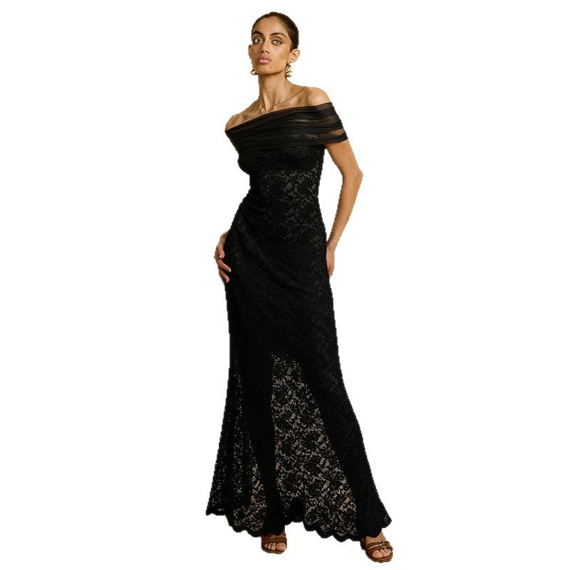 Damer Elegant spets kvällsklänning med off-shoulder design och raffinerad slits Mirla-Eva Jonsson