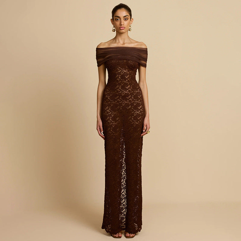 Damer Elegant spets kvällsklänning med off-shoulder design och raffinerad slits Mirla-Eva Jonsson