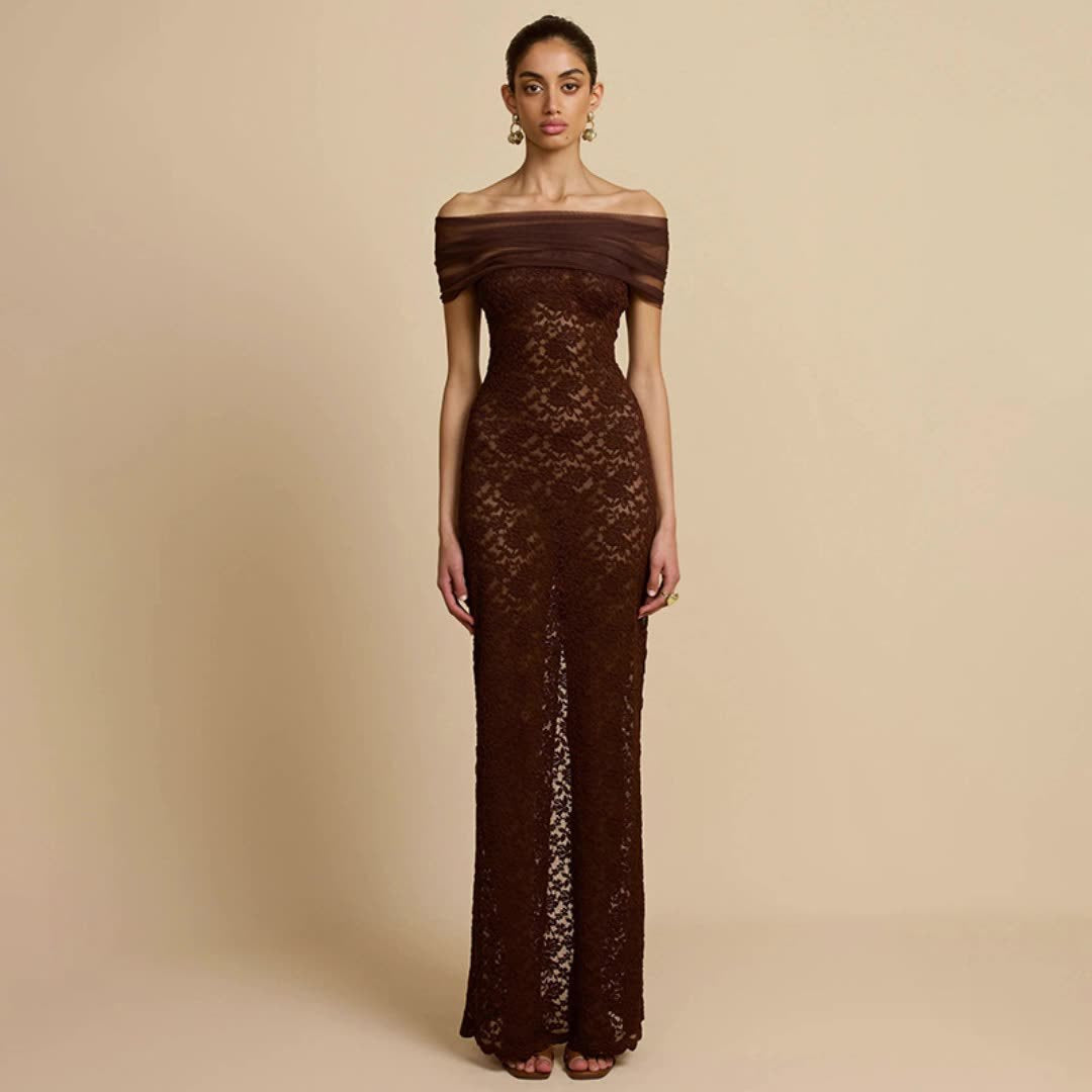 Damer Elegant spets kvällsklänning med off-shoulder design och raffinerad slits Mirla-Eva Jonsson