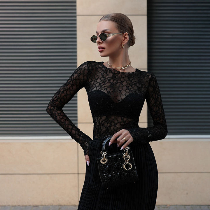 Damer Elegant spetsblus med lång ärm och raffinerad mönsterblandning Mirla-Eva Jonsson