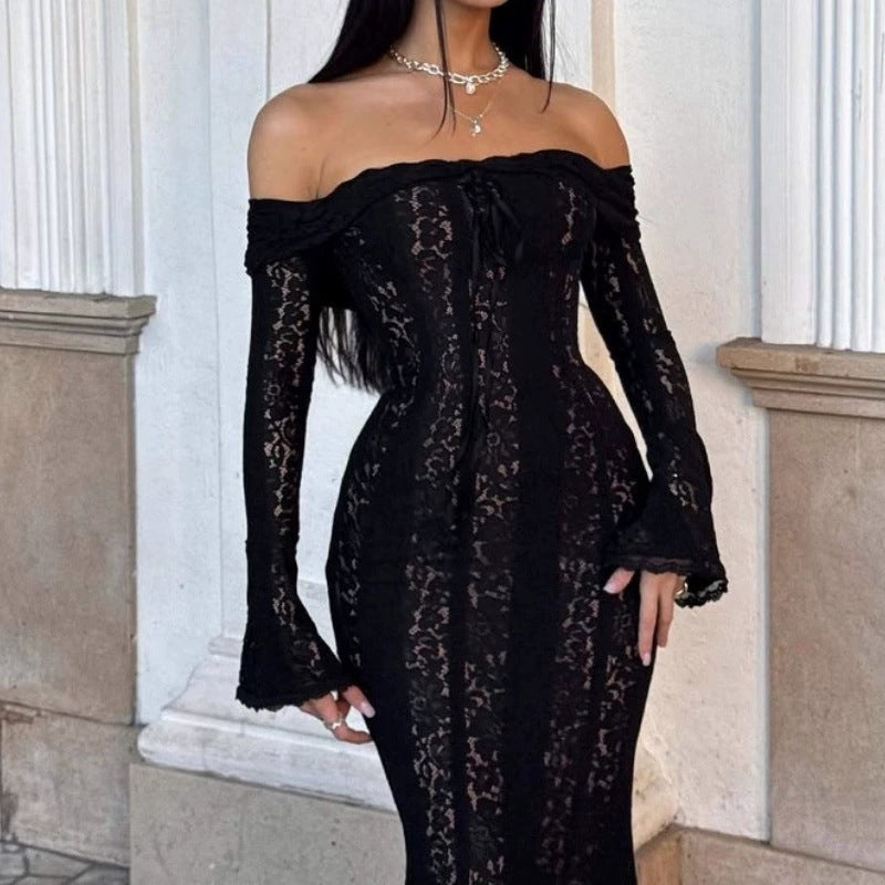 Damer Elegant spetsklänning i figurformad design med off-shoulder design Mirla-Eva Jonsson