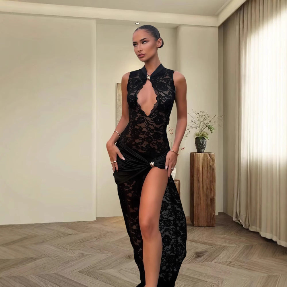 Damer Elegant spetsklänning med djup slits och raffinaderier Eva Jonsson-Eva Jonsson